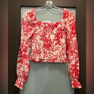 Japna Red and White Floral Smocked Long-Sleeve Crop Top
